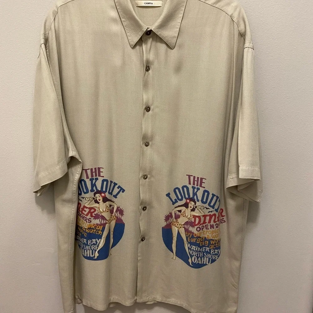 Men’s  CAMPIA XL short sleeve button down shirt in beige with diner logo. - Picture 2 of 12